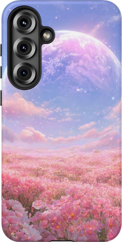 Blumenwiese in Rosa mit leuchtendem Planeten – Hülle Kompatibel mit Samsung Galaxy S25 Plus
