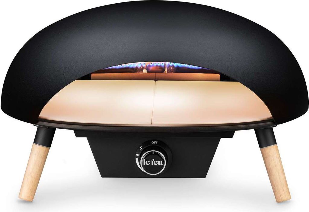 A black gas pizza oven with wooden legs is shown against a white background.