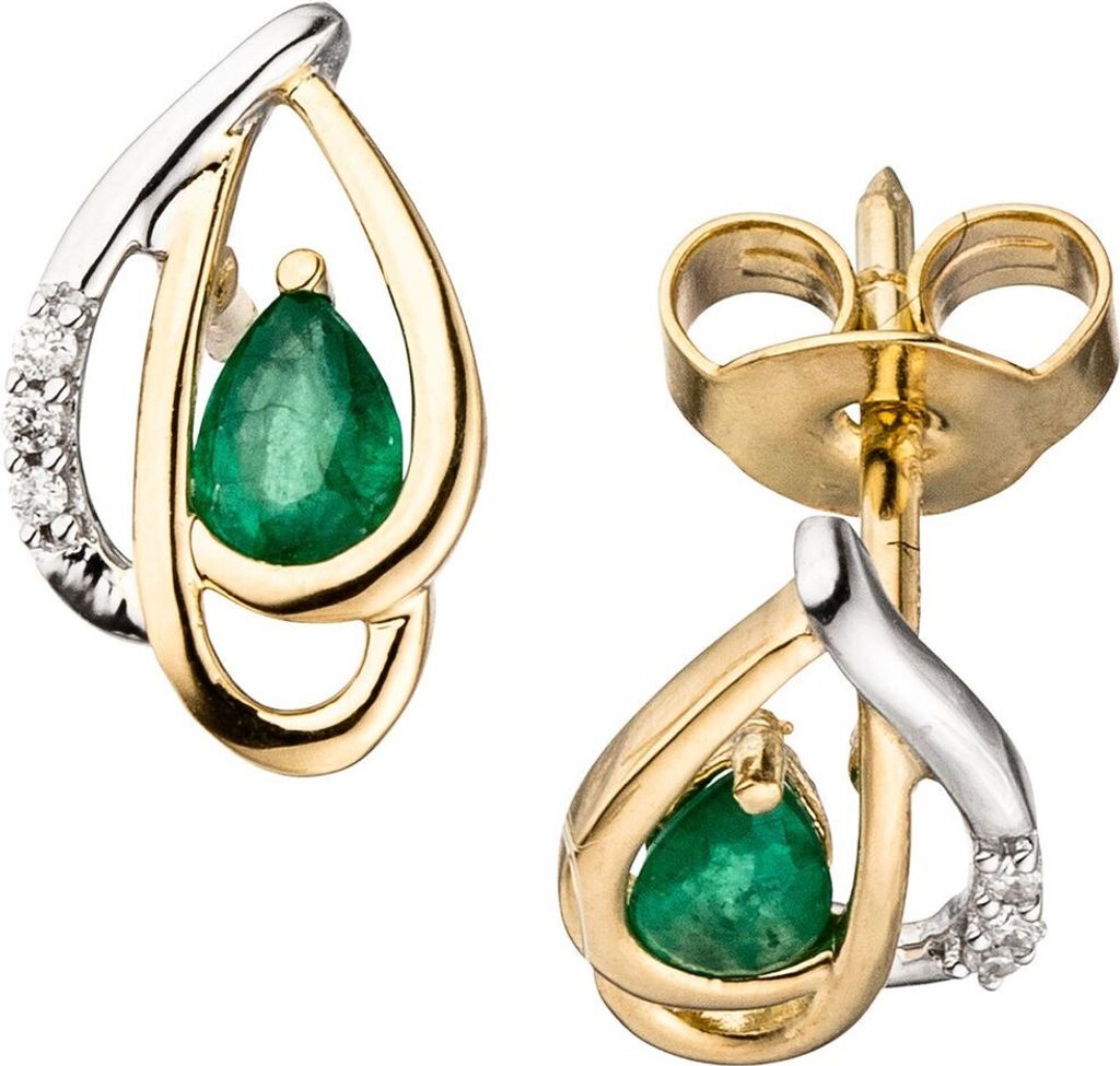 Paar Ohrstecker mit 6 Diamanten Brillanten grüne Smaragde Tropfenform 585 Gold