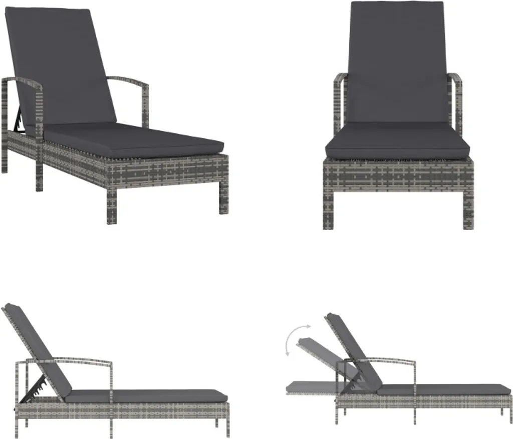 Chaise longue de jardin en poly rotin gris vidaXL avec accoudoirs fixes