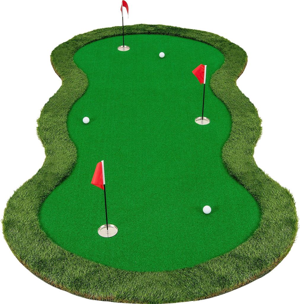 COSTWAY 300 cm Golf Puttingmatte, Golfmatte mit Kunstrasen, Golfbälle, 3 Löchern, 3 Fahnen & Putting Cups, Putting Green Golf Trainingsmatte