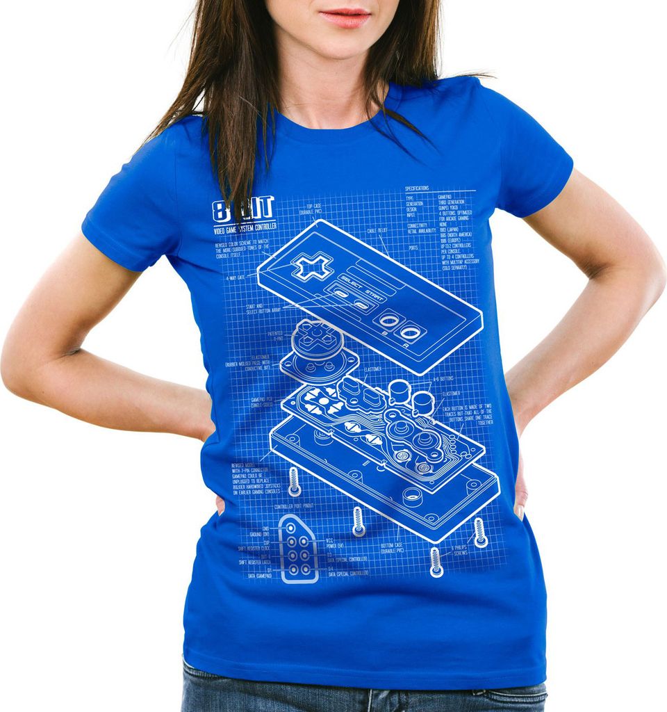 style3 NES Controller Blaupause Damen T-Shirt classic 8-Bit mario donkey bros kong, Farbe:Blau, Größe:S