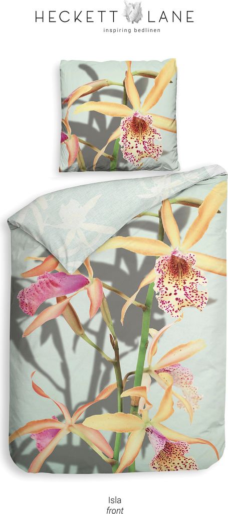 Heckett & Lane Mako-Satin Eco Bettwäsche 155x220 Isla Orchidee Blumen gelb mint