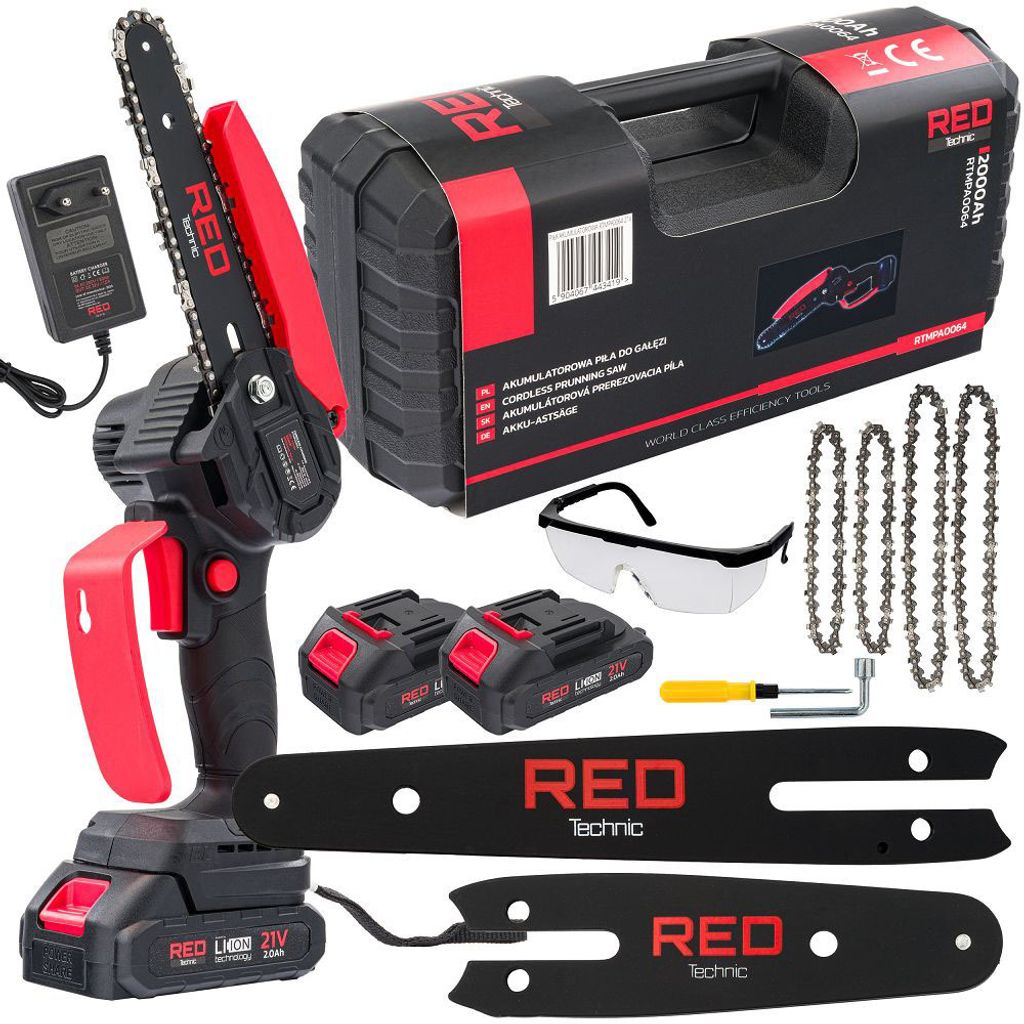 A collection of items for a cordless chainsaw kit, including the chainsaw, batteries, charger, guide bars, chains, safety glasses, and a storage case.
