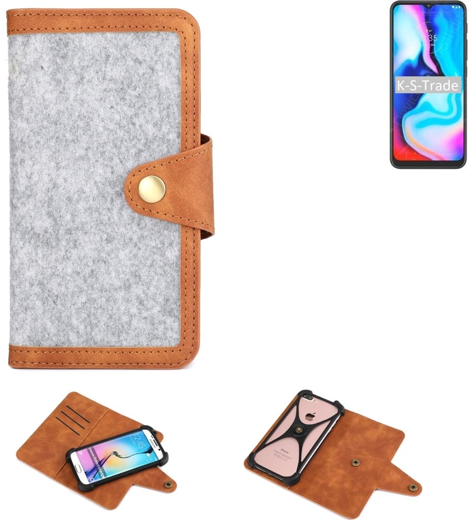 K-S-Trade Handyhülle kompatibel mit Motorola Moto E7 Plus Schutzhülle Filz-Hülle Kunst-Leder hellgrau braun (1x)