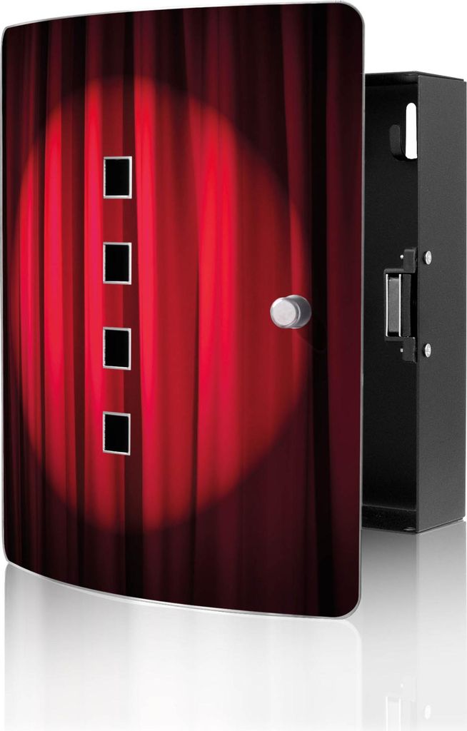 banjado Design Schlüsselkasten aus Edelstahl für 10 Schlüssel, Schlüsselschrank 24 x 21,5 x 7cm groß mit Magnetverschluss, Roter Vorhang [BWSK...