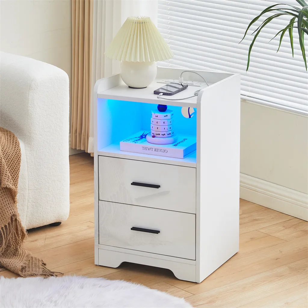 Table de nuit avec station de recharge pour smartphone, design blanc LED