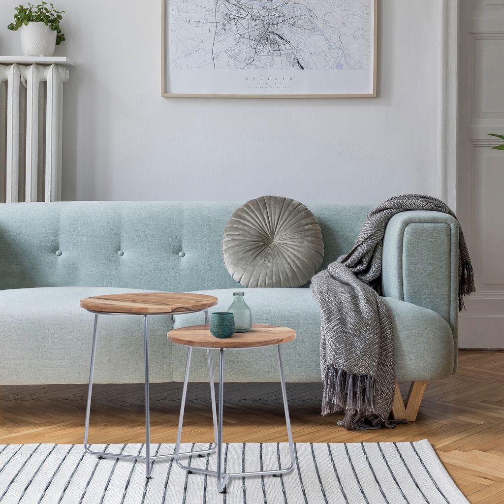 WOMO-DESIGN Beistelltisch 2er Set Ø 43x52/Ø 38x45 cm, Natur-Silber, handgefertigt, Massivholz/Metallgestell