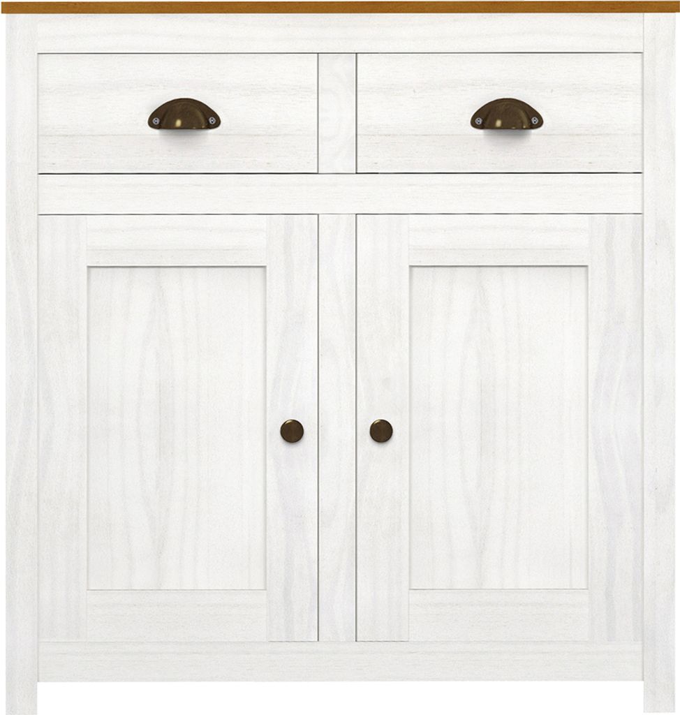 Möbilia Kommode | mit 2 Türen, 2 Schubladen | Kiefer-Holz | B 86 x T 45 x H 90 cm | 19020036 | weiß lackiert, braune Deckplatte | Serie KOMMODE