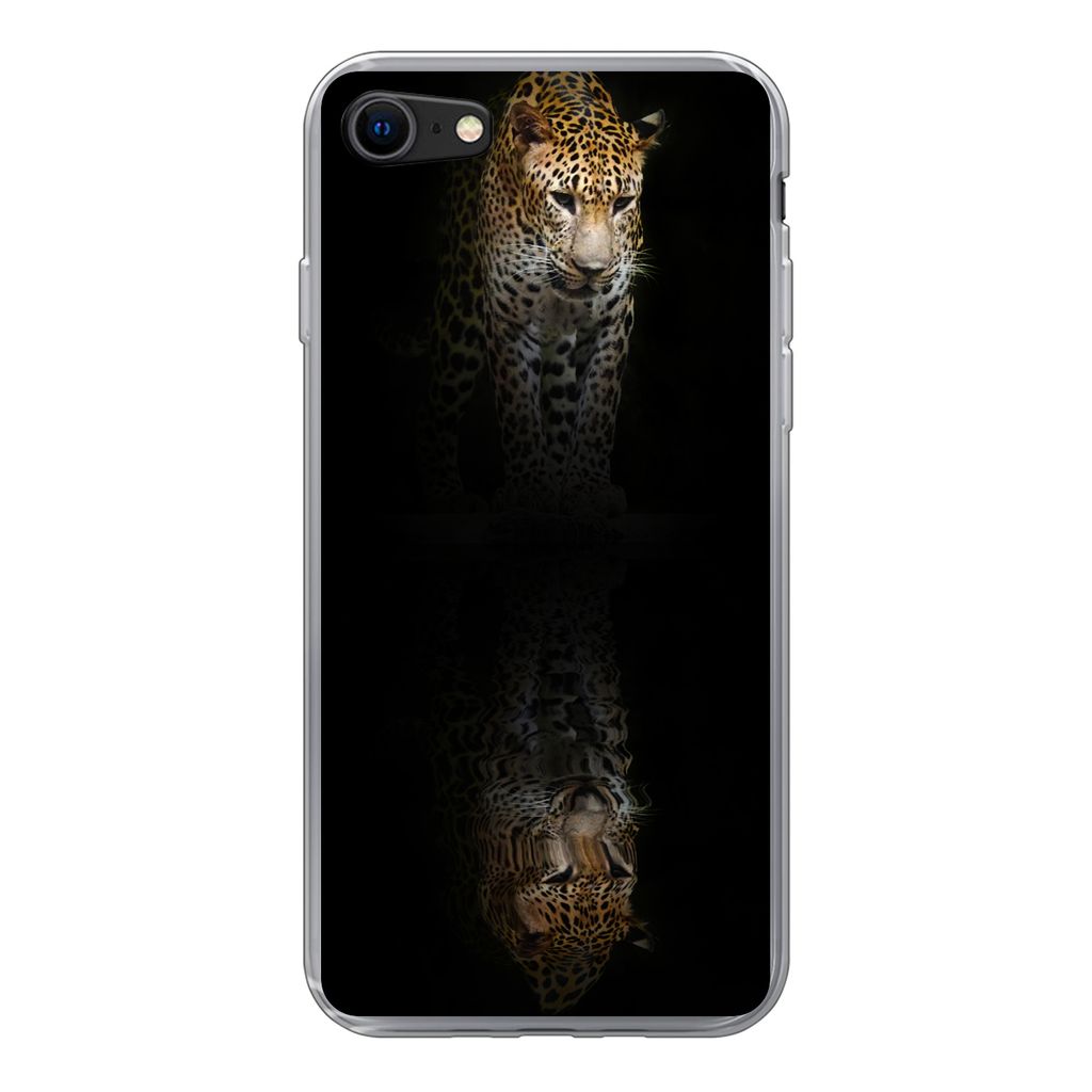MuchoWow Handyhülle Schutzhülle Hülle für iPhone 7 Leopard - Reflexion - Schwarz Silikon Softcase Handy Hülle - Kartenhalter