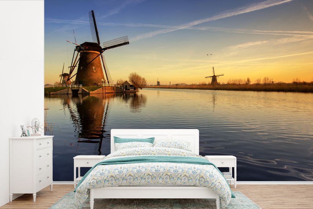 MuchoWow Fototapete für Wohnzimmer oder Schlafzimmer Wandtapete Vinyl Motivtapete Mühle - Wasser - Horizont - 330x220 cm - Fototapeten