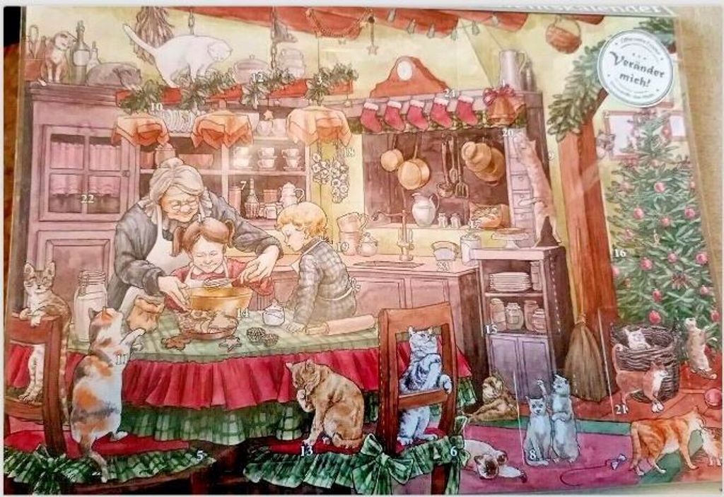 Nostalgie Bildchen Adventskalender Katzen, Katzen Katzen mit Verändermich Motiv