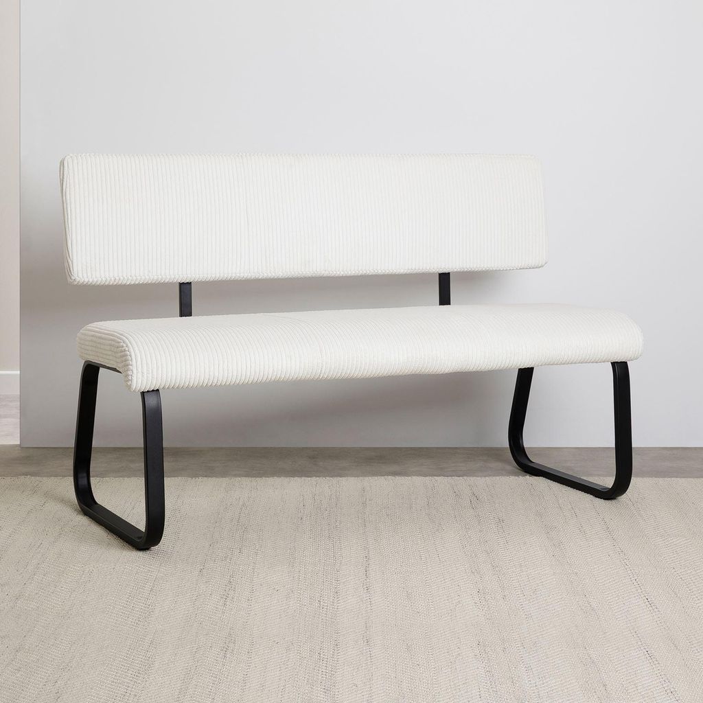 Esszimmerbank MATESE aus Kord, weiß – gemütliche Sitzbank mit Rückenlehne, gepolstertem Sitz, Metallgestell in Schwarz, moderne Küchenbank f...