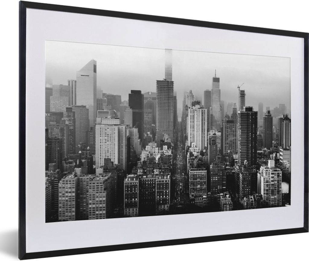 Poster mit Rahmen - Skyline von New York - schwarz und weiß - 60x40 cm - Poster mit zchwarzem Bilderrahmen