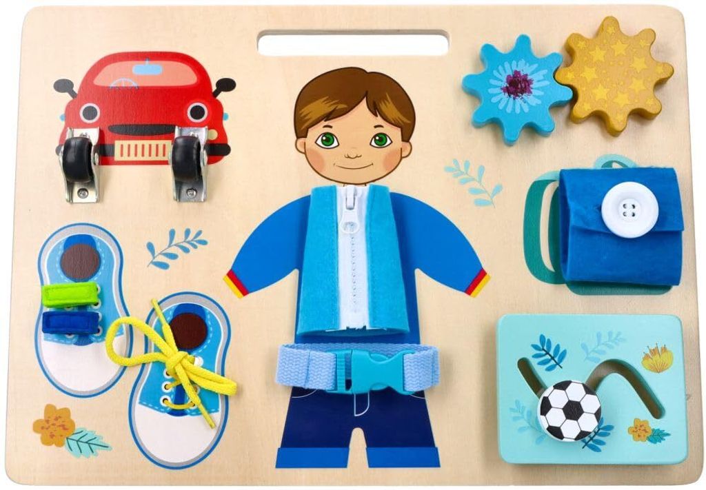 Motorik-Spielzeug mit der Figur Adam, Busy Board, Activity Board aus Holz, für Kinder ab 3 Jahren - Lernspielzeug - Zum Aufhängen im Kinderbett -...