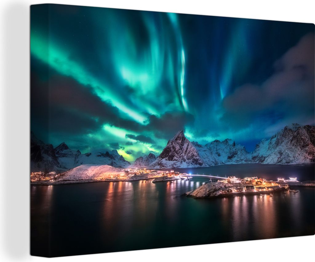 OneMillionCanvasses - Leinwandbilder - 140x90 cm, Grüner/blauer Himmel auf den Lofoten, Wandbilder Kunstdruck Wanddekoration
