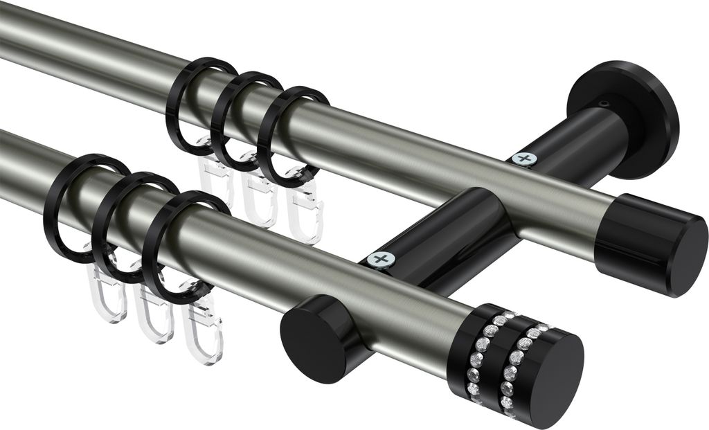 Interdeco Gardinenstange / Vorhangstange Edelstahl-Optik / Schwarz, Typ Platon Estana (Glitzerkappe), 20 mm Ø 2-läufig, 140 cm