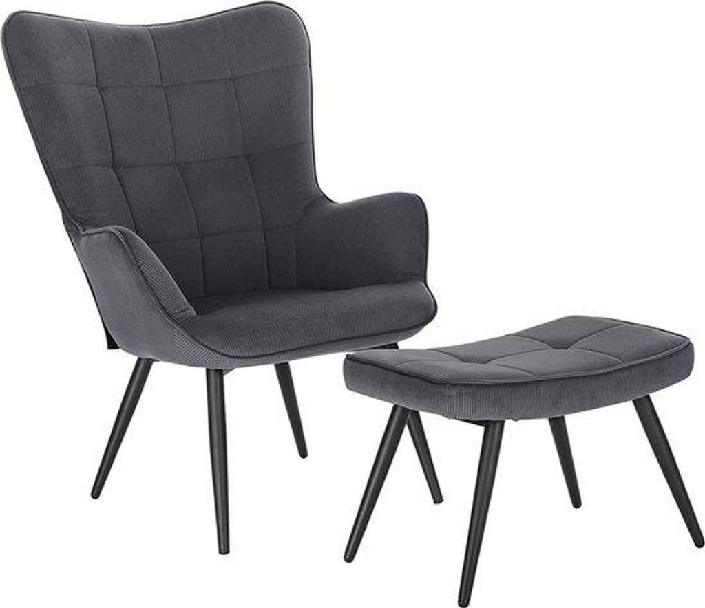 Happyment Sessel Deluxe mit Hocker – Loungesessel mit Armlehne und Fußbank – Wohnzimmerstuhl aus Cord – Dunkelgrau