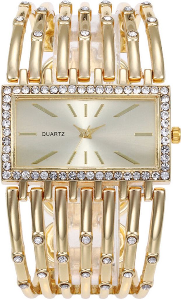 A close-up studio shot of a women's gold-tone watch with a rectangular face and a crystal-embellished band.