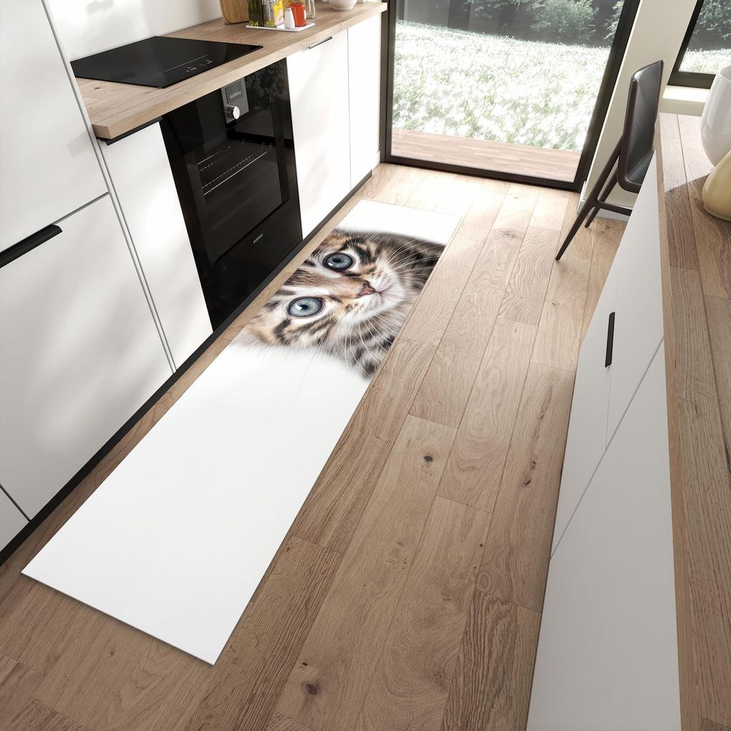 Küchenteppich 60x240cm rutschfest & abwischbar PVC Läufer - Sanfte Katzenjunges