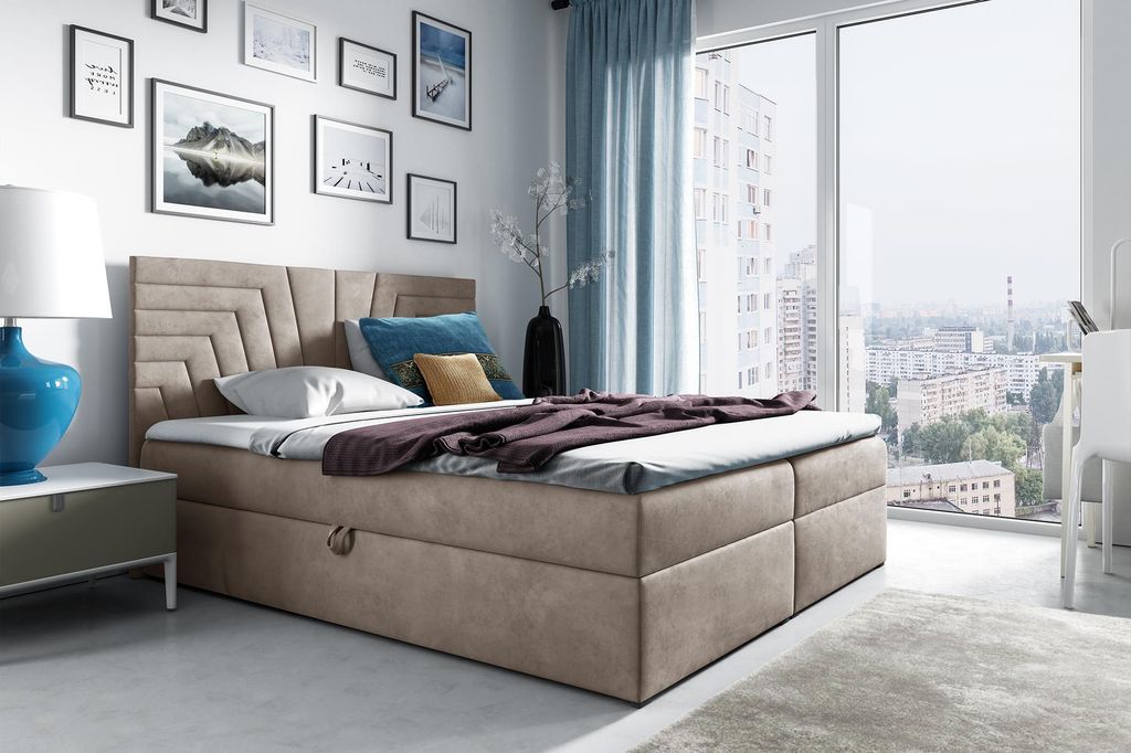 MEBLINI Boxspringbett mit Bettkasten - Gepolstert Doppelbett mit Matratze und Topper - Polsterbett mit Stauraum - Bett mit Kopfteil - Stauraumbett ...