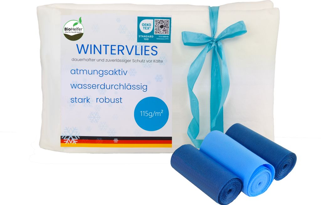 BioHelfer Frostschutzvlies, 115g/m², Kälteschutz für Pflanzen, inkl. 3 Befestigungsbänder, 1,5m x 5m, Weiß