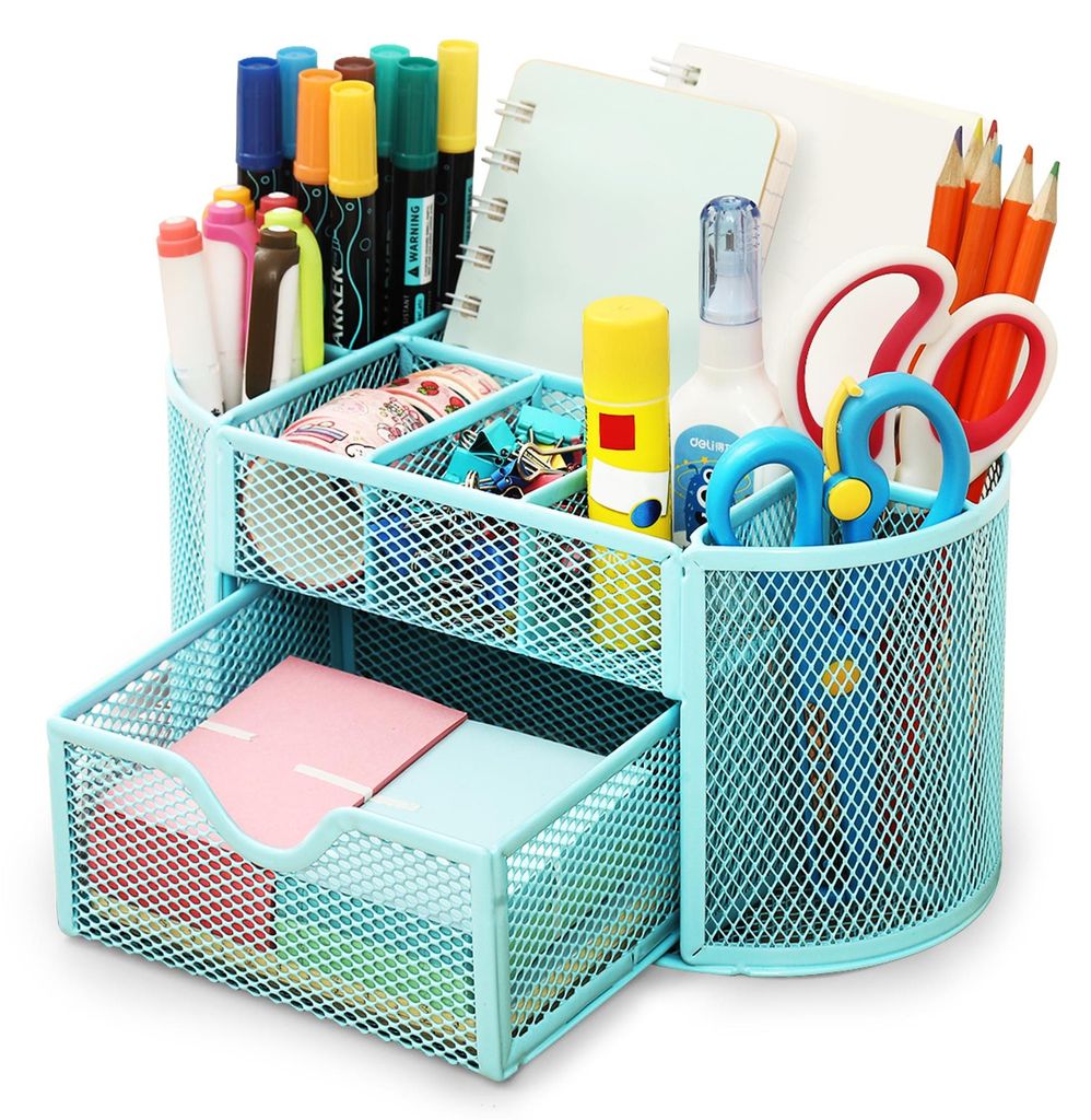 Schreibtisch-Organizer mit Schublade und Stifthalter, rutschfestes Metallgitter, platzsparend, hellblau