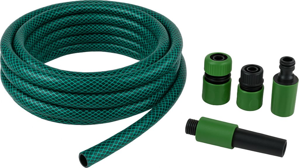 Kinzo Gartenschlauch Set 15 Meter - Wasserschlauch 14mm (1/2") max. 6Bar - mit 3 Kupplungen und 1 Sprühstück - Geeignet für Gartensprenger - Grün