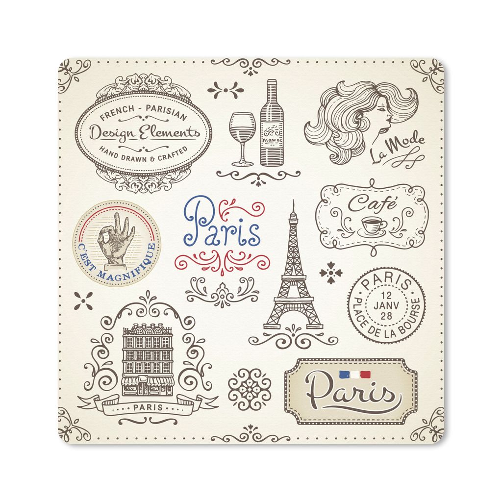 MuchoWow Mauspad Mousepad Paris - Zeichnung - Wein 20x20 cm - Mousepads - Maus Mat - Pad - Mausunterlage - Desk Mat - Bureauartikeln