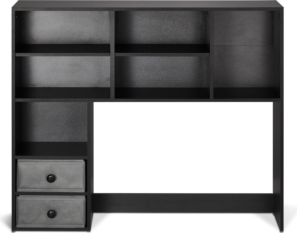 A black desk with a bookshelf organizer attached.