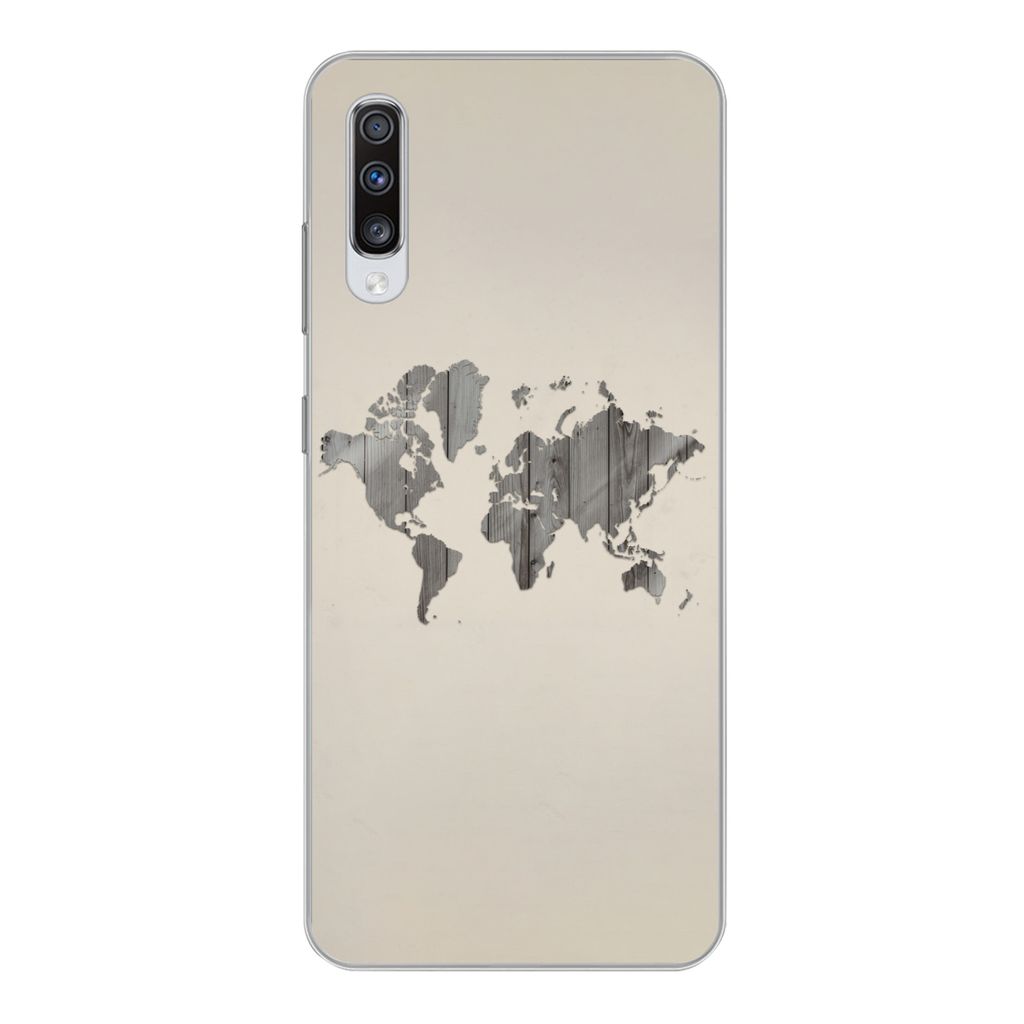 MuchoWow Handyhülle Schutzhülle Hülle für Samsung Galaxy A70 Weltkarte - Holz - Regal Silikon Softcase Handy Hülle - Schutzhaube