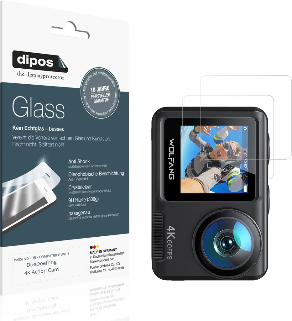 Kit 2 Pellicole DoeDoefong 4K Action Cam: Protezione Vetro 9H dipos