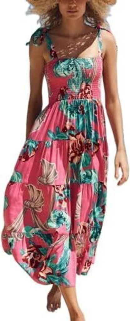 Damen Sommerkleid mit Punkten und Rüschen, Midi-Länge, lässiges fließendes langes Kleid, Strand-Schwingkleid, Maxikleid für Partys