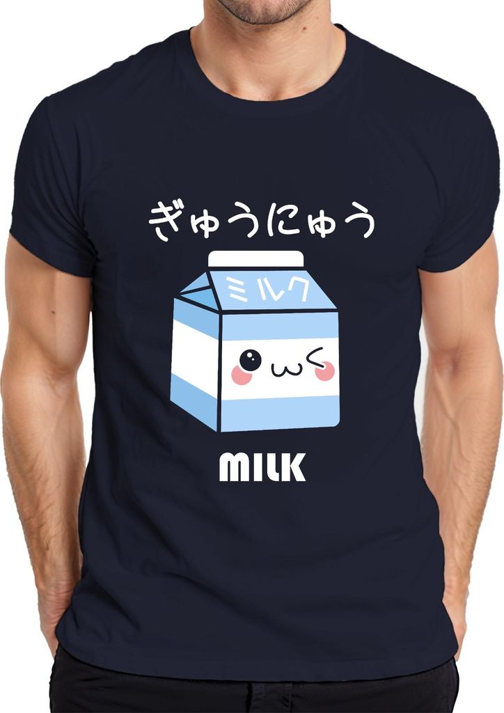 Kawaii Milchpackung süßes Gesicht japanisch ミルク ぎゅうにゅう niedlich Herren T-Shirt, Navy, L