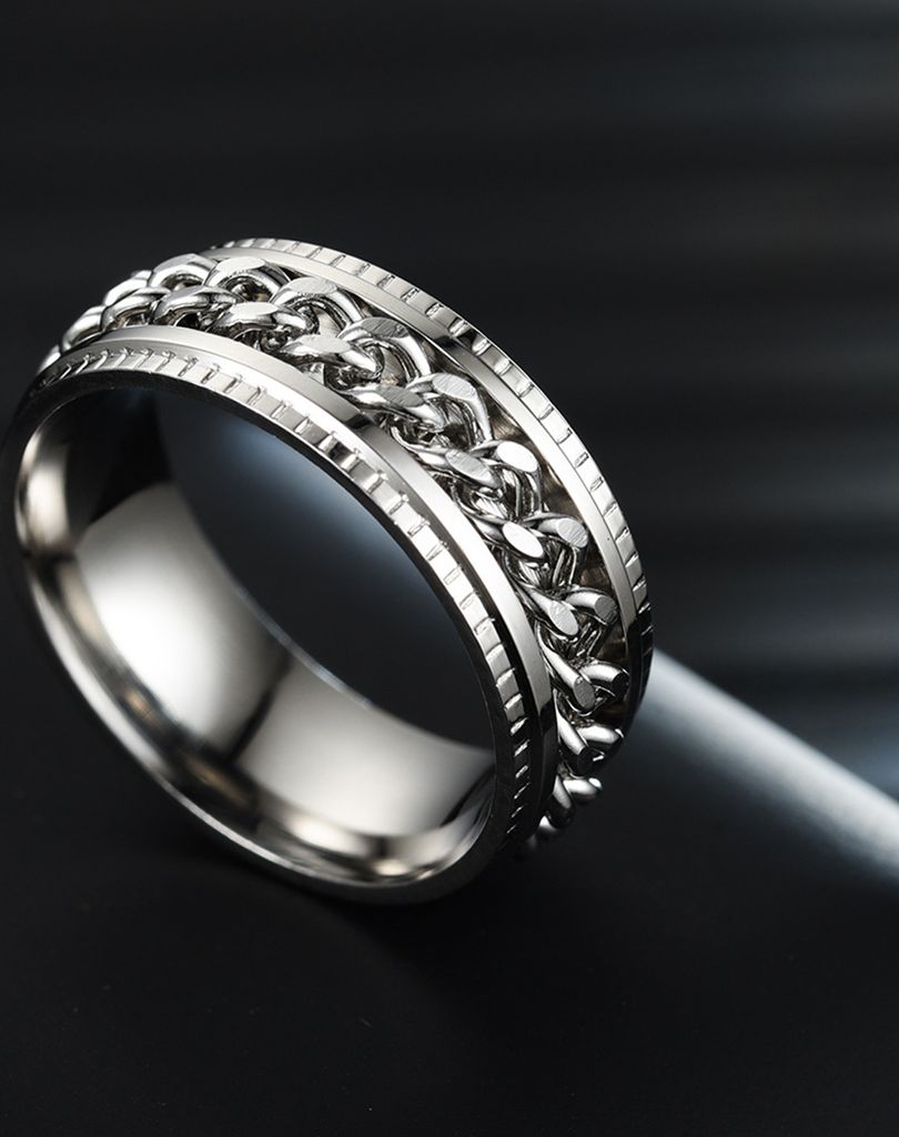 Herrenring, schlicht, hochglanzpoliert, Modeschmuck, rotierende Kette, eingelegter Fingerring für Party-Silber,US 10