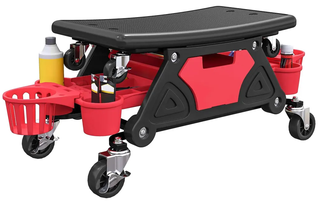 Tabouret bas à roulettes 33cm avec assise amovible et plateau rouge