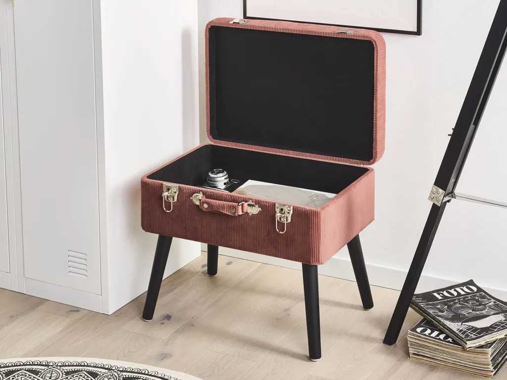 Table basse coffre rose en velours avec rangement et design valise rétro - 4
