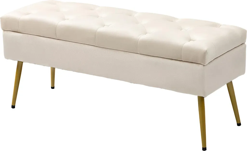 Banc de rangement en velours beige 102 cm avec structure en métal robuste