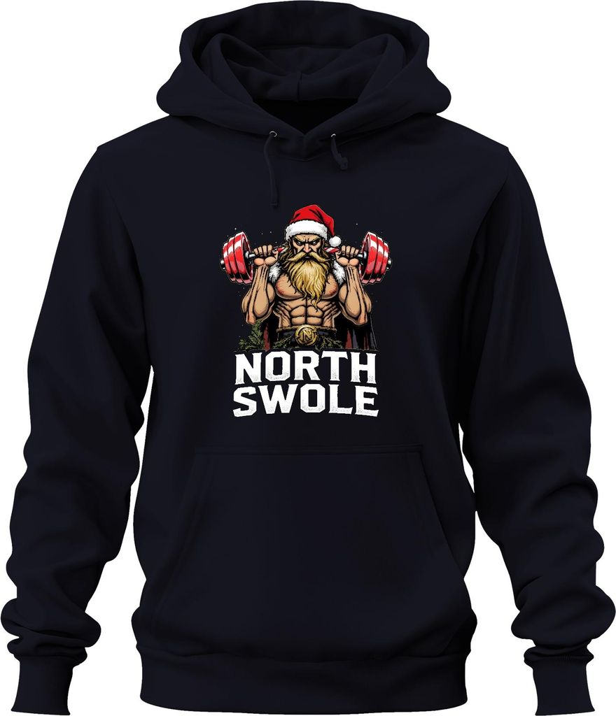 NORTH SWOLE Weihnachtsmann Fitness Gym Bodybuilding Geschenk Uni Hoodie Kapuzenpullover, Navy, M