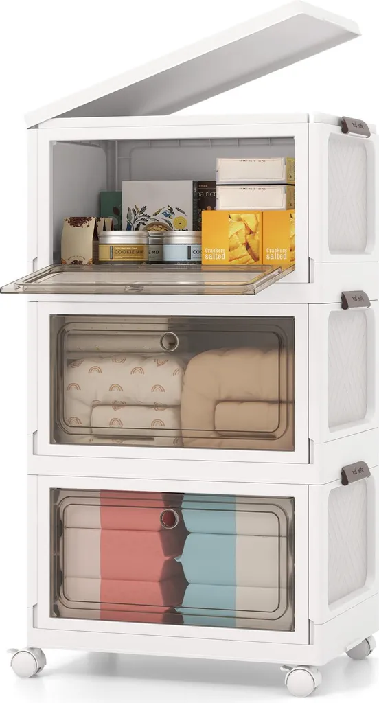 COSTWAY Lot de 3 Boîtes de Rangement 105L Pliables avec Portes et Roues