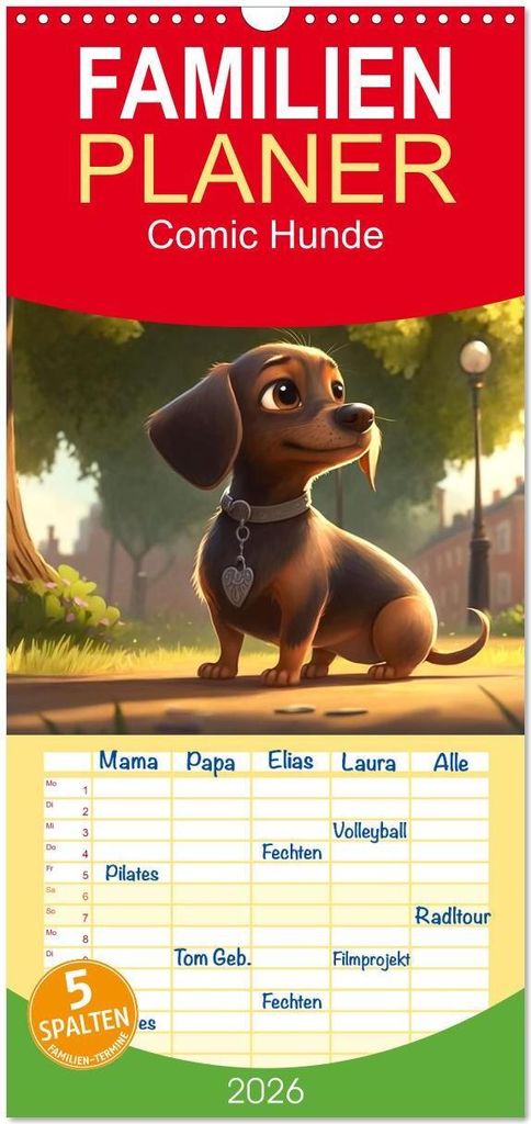 Familienplaner 2026 - Comic Hunde mit 5 Spalten (Wandkalender, 21 x 45 cm) CALVENDO