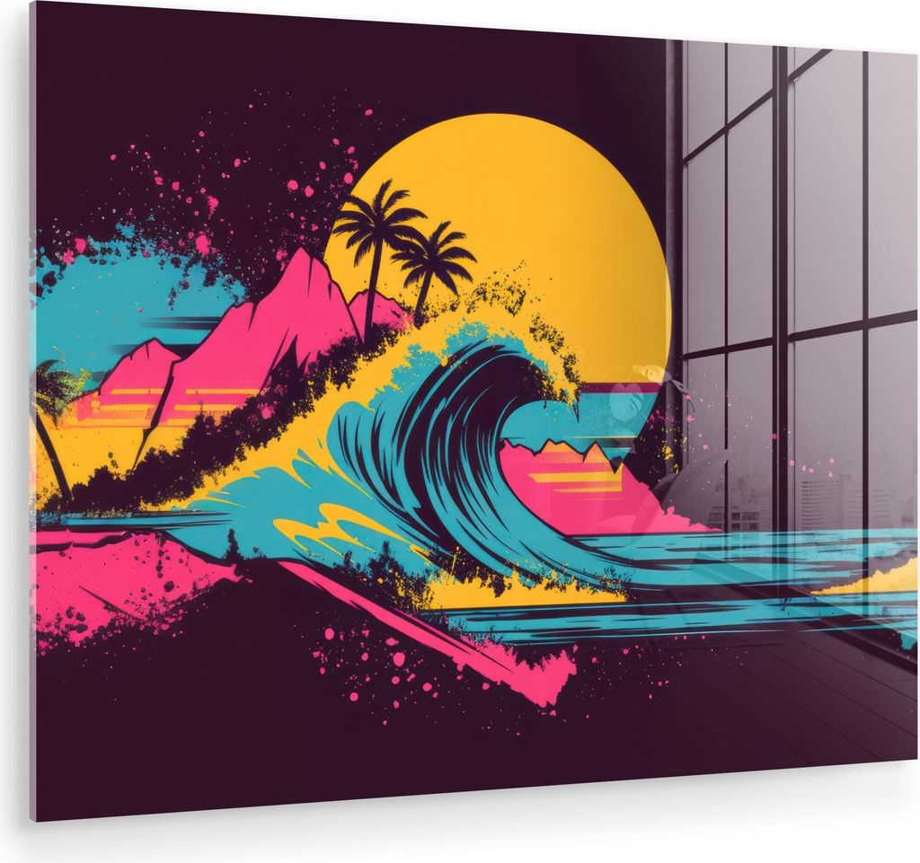 MuchoWow Glasbilder - Bilder auf Wandbild - Foto auf Glas Golf - Bunt - Sonne - Palmen 80x60 cm Wanddekoration aus Glas - Acrylglasbild - Acrylbild...