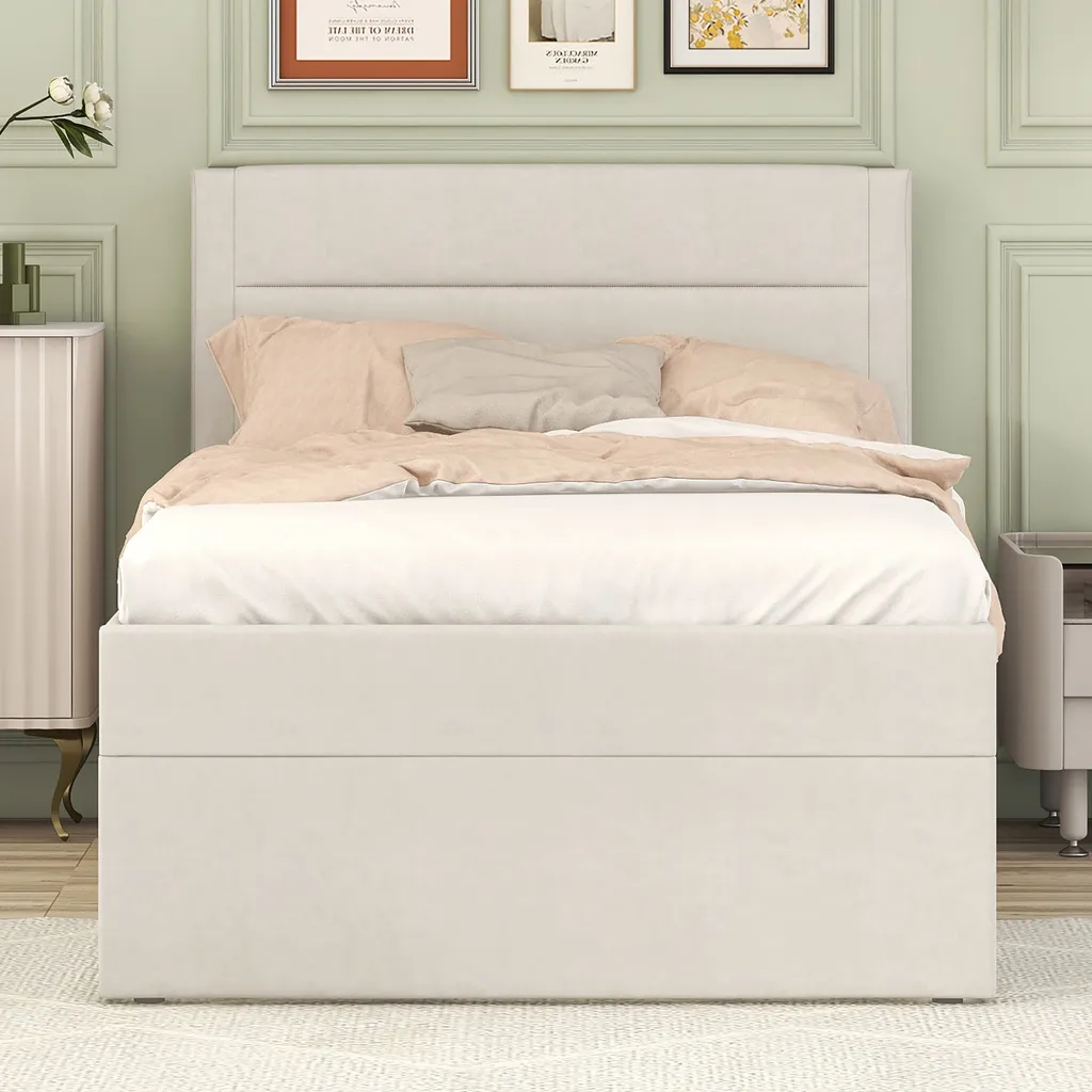 Lit coffre 90x200cm beige pour optimiser le rangement des petits espaces - 3