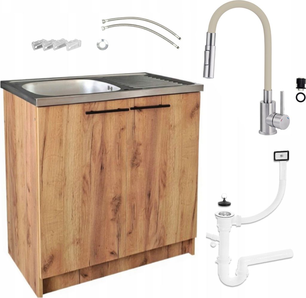 Küchenunterschrank Eiche Golden 80x50 mit Edelstahl Spüle Küchenarmatur Deante Beige Ausziehbar 2-Funktion Geschirrspüler-Siphon