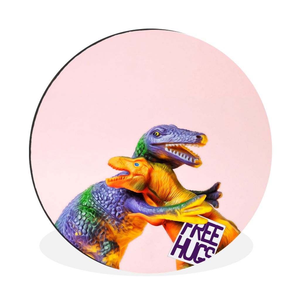 MuchoWow Aluminium Wandkreis Dinosaurier-Spielzeug - Gelb - Rosa Ø 60 cm Wanddeko Modern Wohnzimmer - Wand Kreis - Wandbild - Schlafzimmer - Alu...