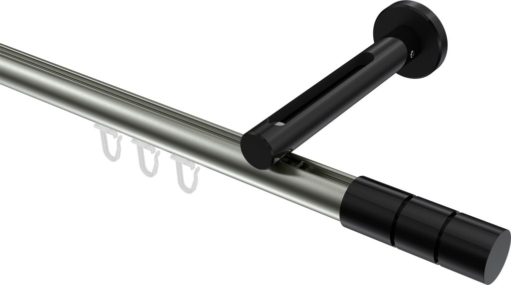 Interdeco Innenlaufstange / Gardinenstange mit Innenlauf Edelstahl-Optik / Schwarz, Typ Siteno Elanto (Rillenzylinder), 20 mm Ø 1-läufig, 220 cm