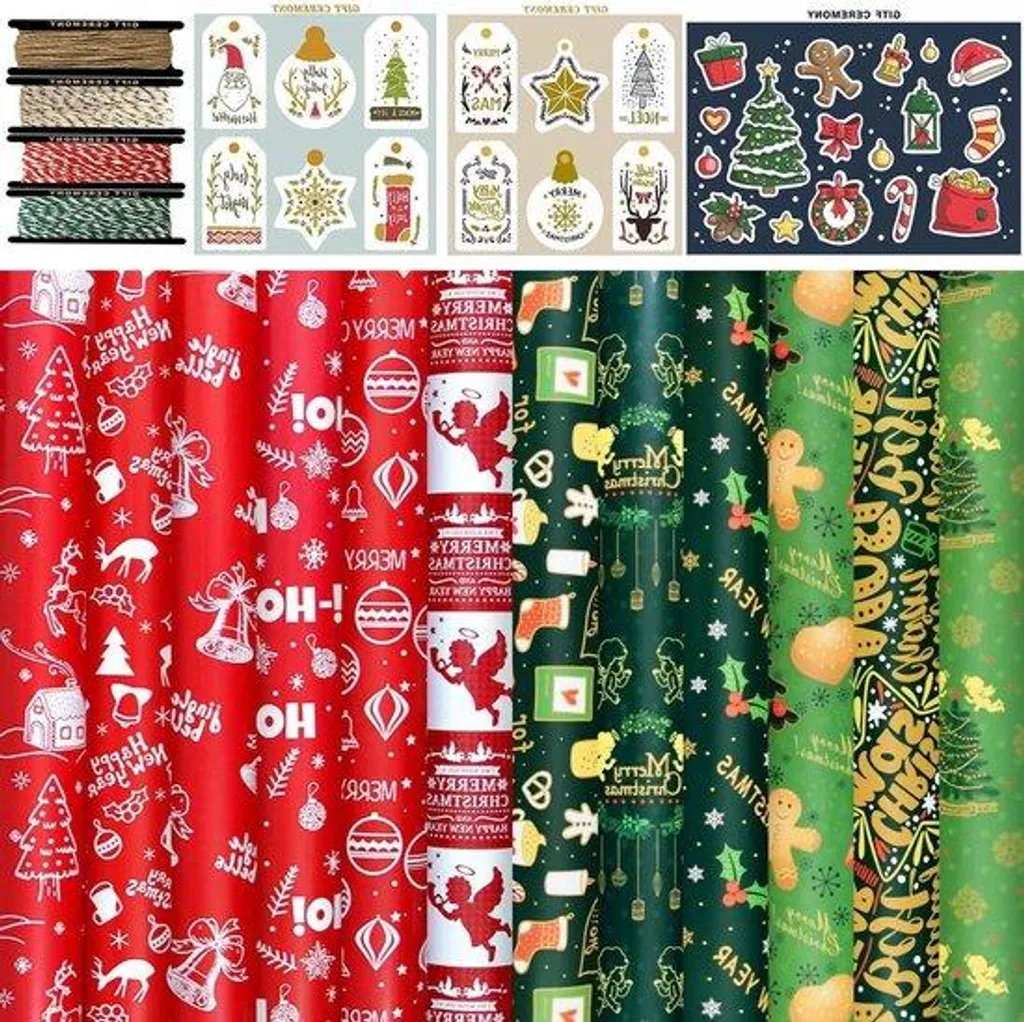 Papier de Noël 12 feuilles rouge et vert : kit avec tampons et étiquettes