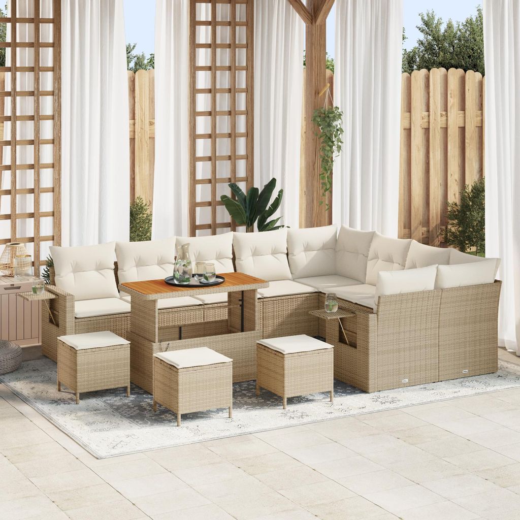 Möbel Gartenlounge Set 13-teilige Garten Sofagarnitur mit Kissen Beige Poly Rattan Akazie - Terassenmöbel Gartenmöbel Neu3925933