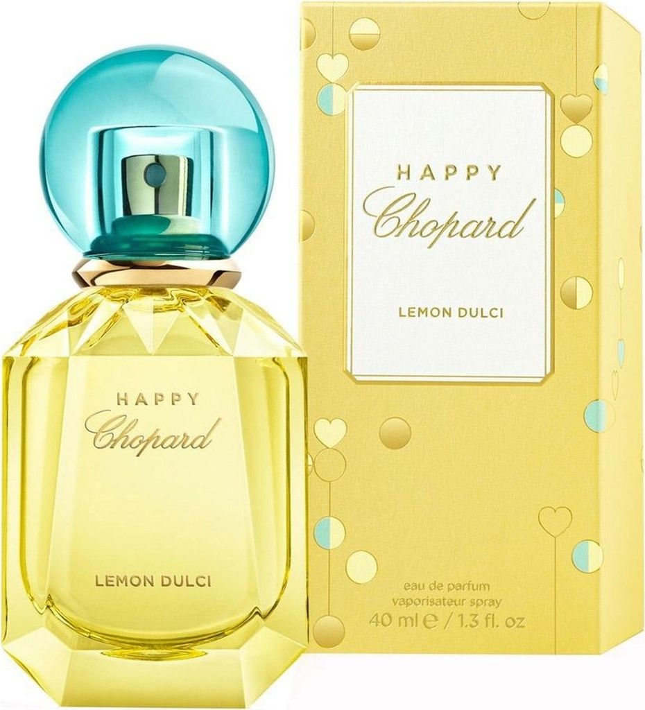 A bottle of Chopard Happy Lemon Dulci Eau de Parfum and its packaging are displayed against a white background.