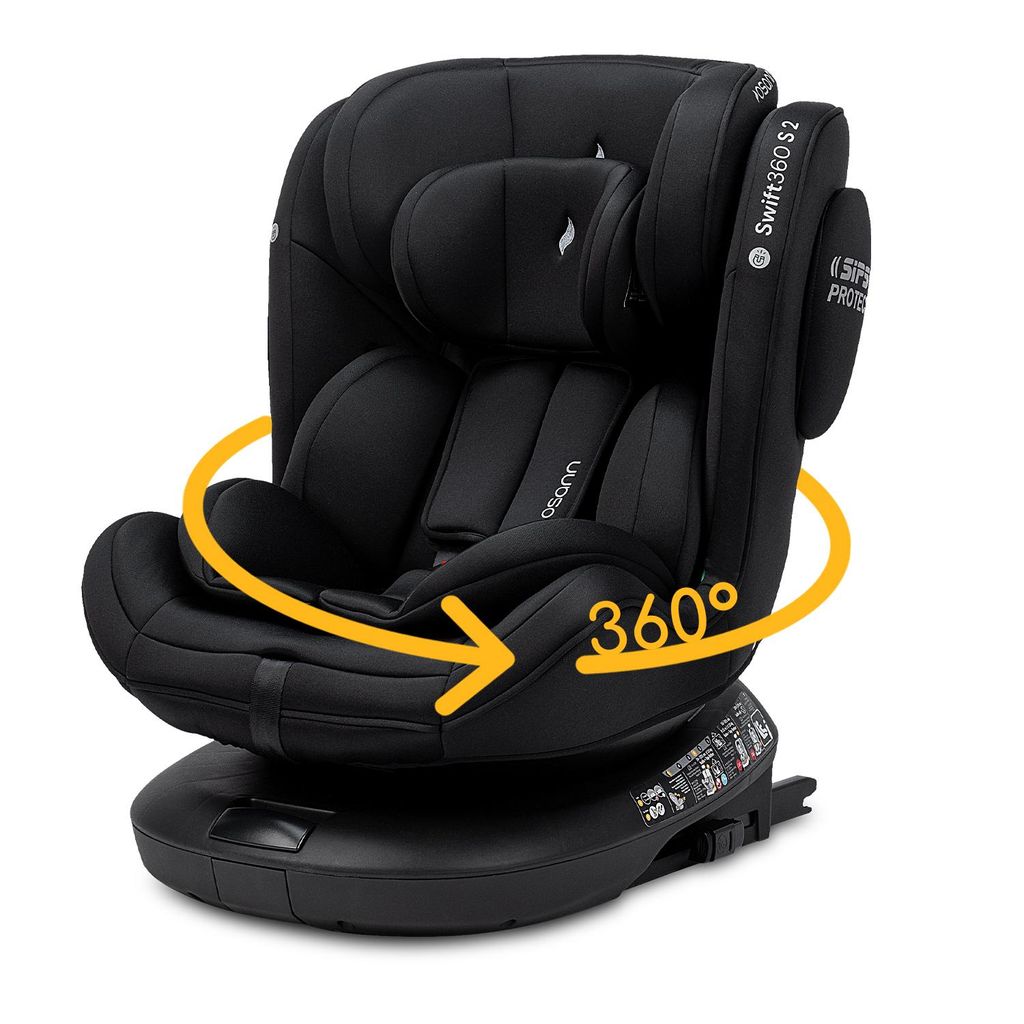 Osann Swift360 S 2 i-Size , drehbarer Kindersitz 76-150 cm, Reboarder mit Isofix und Top-Tether – All Black
